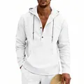 Ademend wit linnen Henley-shirt met capuchon voor heren en handige kangoeroezak - S / Tops / Wit