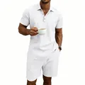 Men's summer linen casual white polo and shorts set for vacation and beach wear - S / Top And Bottom / White