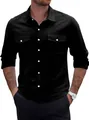 Chemise décontractée en coton et lin noir pour hommes avec deux poches poitrine - S / Hauts / Noir