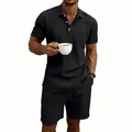 Men's black linen summer set with short sleeve polo shirt and matching casual shorts - S / Top And Bottom / Black