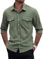 Chemise homme en lin et coton vert olive à manches longues avec double poche de poitrine - S / Hauts / Vert Militaire