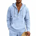 Lichtblauw ademend linnen herenshirt met capuchon, Henley-stijl en lange mouwen casual - S / Tops / Lichtblauw