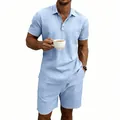 Summer men's light blue linen polo shirt and matching shorts two-piece casual set - S / Top And Bottom / Light Blue