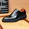 Glossy black leather men's Oxford shoes with blue trim and chunky lug sole for wedding - 37 / Black (23723)