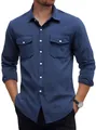 Classic blue men's casual cotton linen long sleeve shirt with double chest pockets - Navy Blue
