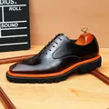 Handcrafted men's burnished glossy leather Oxford shoes with vibrant orange sole trim - 37 / Burnished Brown (23723)