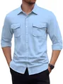Men's light blue cotton linen long sleeve shirt with functional double chest pockets - Sky Blue