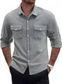 Men's casual grey long sleeve cotton linen shirt with double pockets for a vacation style. - Light Gray