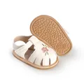 Detailed view of baby girl floral embroidered sandals featuring soft non-slip rubber soles - 11cm / White