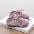 Stylish breathable pink mesh sneakers for toddler girls displayed on a minimalist book prop - 26 / Violet