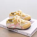 Yellow and white breathable mesh sneakers for girls with stylish pink side stripes - 26 / Light Yellow