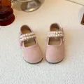 Chaussures de princesse roses élégantes pour filles avec doubles brides de perles et joli nœud - Taille 21 (Intérieur 13.5cm) / Rose
