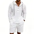 Full view of white linen men's hooded long sleeve shirt and matching drawstring shorts - S / Top And Bottom / White