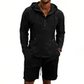 Men's casual black linen two-piece set with long sleeve hoodie and matching shorts. - S / Top And Bottom / Black