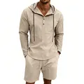 Detail of men's beige linen set featuring a hooded shirt and matching casual shorts. - S / Top And Bottom / Khaki