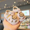 Pink toddler soft sole sandals featuring cute bear patches and anti-slip bottoms - Size 16 (Inner Length 11.5cm) / Pink