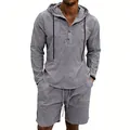 Men's grey linen long-sleeved hooded shirt and matching shorts casual set on model - S / Top And Bottom / Dark Gray
