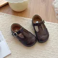 Classic girls dark brown leather Mary Janes with T-strap and brogue wingtip details - Brown