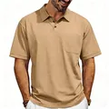 Detail of vintage khaki polo shirt for men with front pocket and buttoned collar - Khaki