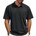 Detailed view of men's vintage distressed polo shirt with pocket and washed texture - S / Tops / Black