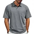 Close-up of gray distressed texture polo shirt with pocket and button collar detail - S / Tops / Gray