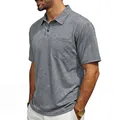 Side view showing the unique washed texture of a men's vintage grey polo shirt with pocket - Dark Gray