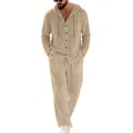 Men's casual khaki linen two-piece set with hooded button-up shirt and straight trousers - Light Khaki