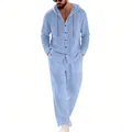 Men's light blue linen two-piece set with hooded long sleeve shirt and straight trousers - Light Blue