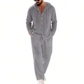 Men's casual grey linen two-piece set featuring hooded long sleeve shirt and trousers - Dark Gray