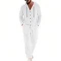 Men's casual white linen two-piece set featuring hooded long sleeve shirt and straight pants - White