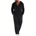 Men's casual black linen two-piece set with hooded long sleeve shirt and straight pants - Black