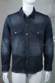 Close-up of men's washed denim shirt showing snap buttons and raw edge details - S / Tops / Black