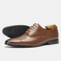 Detailed view of brown men's leather Oxford shoes featuring classic business formal design. - Brown British Style (KD9229)