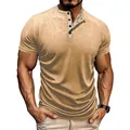Macro detail of men's ribbed khaki short-sleeve Henley T-shirt with button collar - S / Tops / Khaki