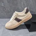 Beige men's leather and fabric spliced casual sneaker in classic German training style - Apricot