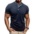 Premium men's navy blue ribbed Henley shirt with light blue contrasting inner collar - S / Tops / Sapphire Blue