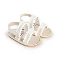 Detailed view of white baby walking sandals with cute pom-pom trim and soft sole - 11cm / White