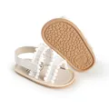 Close-up of white baby prewalker sandals with cute pom-pom trim and anti-slip pebble sole. - 11cm / White