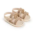 Elegant beige baby walking sandals with cute pom-pom straps and soft breathable insole - 11cm / Apricot
