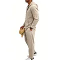 Heren beige linnen set met capuchonjack en broek voor een casual vakantie-uitstraling - S / Boven- En Onderstuk / Khaki