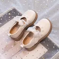 White girls princess shoes with ribbon bow and pearl trim, soft sole dress shoes. - 26 / Off White