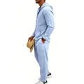 Heren losse lichtblauwe linnen vakantie casual set met capuchon en lange broek - S / Boven- En Onderstuk / Lichtblauw