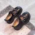 Elegant black girls' princess Mary Jane shoes featuring pearl and mesh bow decorations - 26 / Black