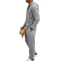 Completo casual da uomo in lino grigio, 2 pezzi con camicia con cappuccio e pantaloni lunghi - Grigio