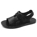 Sandali casual in pelle da uomo per l'estate con velcro e suola morbida antiscivolo - Nero