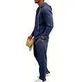 Set casual da uomo in lino blu navy con camicia con cappuccio e pantaloni da vacanza - Blu navy