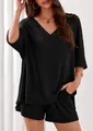 Women's casual black V-neck half-sleeve top and matching shorts two-piece summer set - S / Top And Bottom / Black