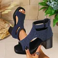 Elegant navy blue laser-cut chunky high heel Roman sandals with peep toe design for women - 36 / Blue