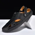 Black closed-toe leather sandal for men with two-way wear strap and hollow design - 38 / Black