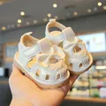 White infant walking sandals with pearl finish and bow accent - Size 16 (Inner Length 11.5cm) / Beige